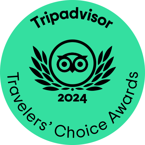 Tripadvisor 2024 Traveler's Choice Awards seal in mint green with an animated owl logo. The owl's eyes are looking left to right and blinking.